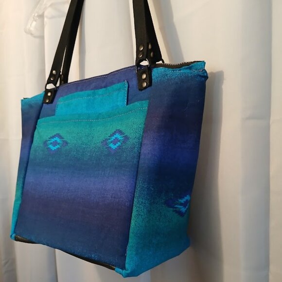 New Southwestern Sarape Satchel shoulder Bag Purse Blue Double handle Carryall - Picture 8 of 12